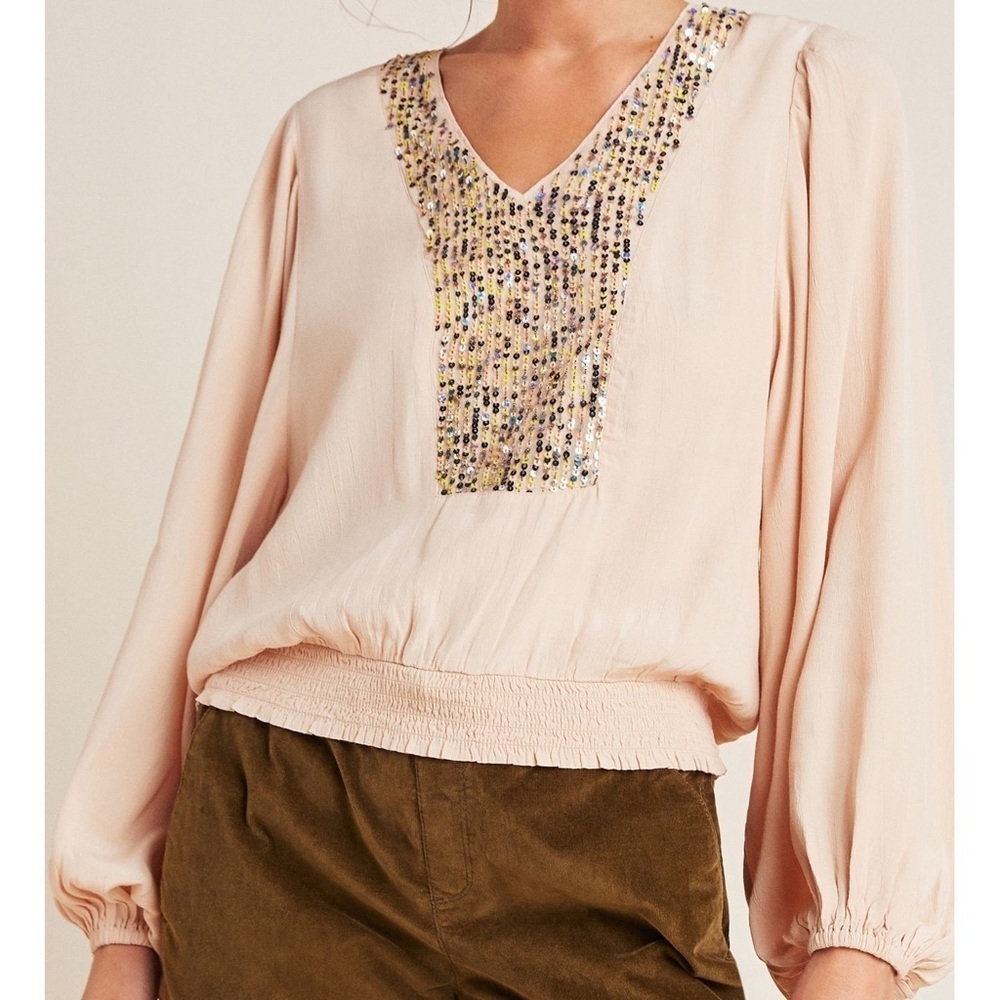 ANTHROPOLOGIE Maeve Kristie Sequined Peasant Blouse Blush Nude Small